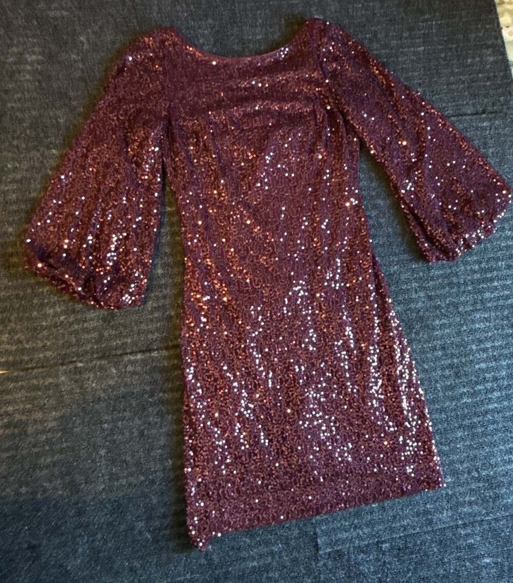 Jessica Howard Size 6 Plum Purple Sequin Bubble Sleeve Dress V Back Cocktail B50